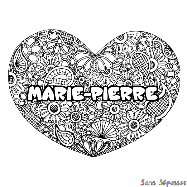 Coloriage pr&eacute;nom MARIE-PIERRE - d&eacute;cor Mandala coeur