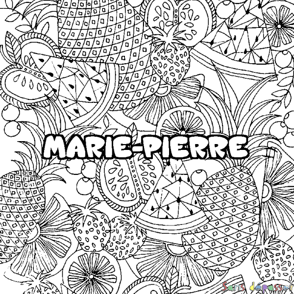 Coloriage pr&eacute;nom MARIE-PIERRE - d&eacute;cor Mandala fruits