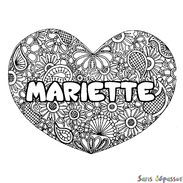 Coloriage prénom MARIETTE - d&eacute;cor Mandala coeur