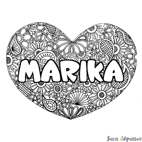 Coloriage pr&eacute;nom MARIKA - d&eacute;cor Mandala coeur