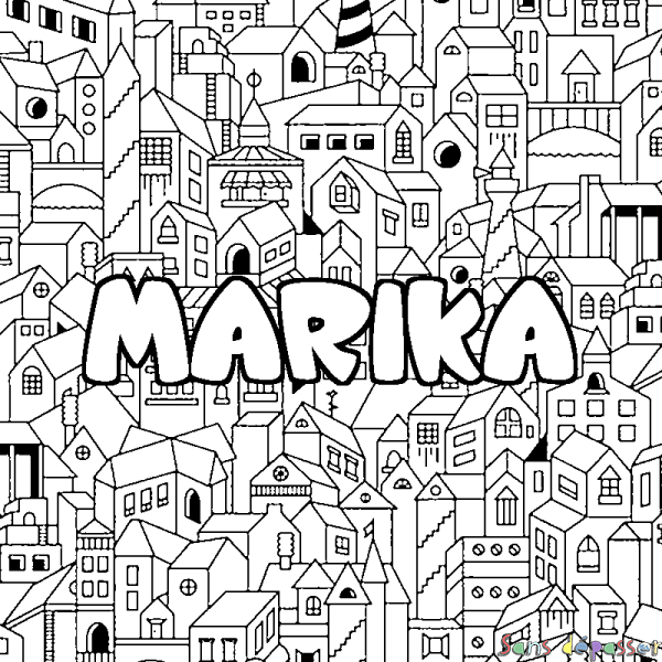Coloriage pr&eacute;nom MARIKA - d&eacute;cor Ville