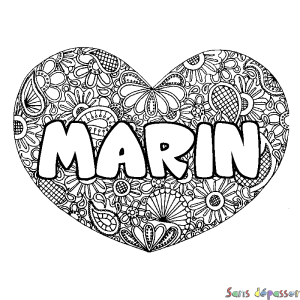 Coloriage prénom MARIN - d&eacute;cor Mandala coeur