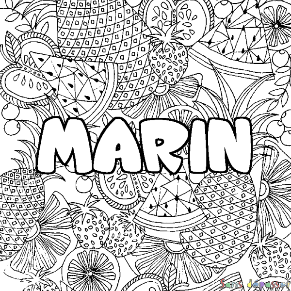 Coloriage pr&eacute;nom MARIN - d&eacute;cor Mandala fruits