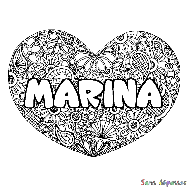 Coloriage pr&eacute;nom MARINA - d&eacute;cor Mandala coeur