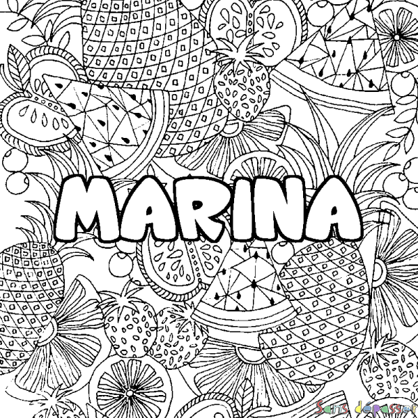 Coloriage pr&eacute;nom MARINA - d&eacute;cor Mandala fruits