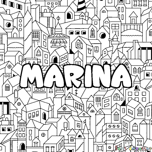 Coloriage pr&eacute;nom MARINA - d&eacute;cor Ville