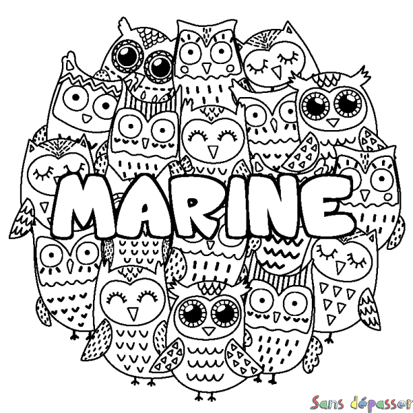 Coloriage pr&eacute;nom MARINE - d&eacute;cor Chouettes