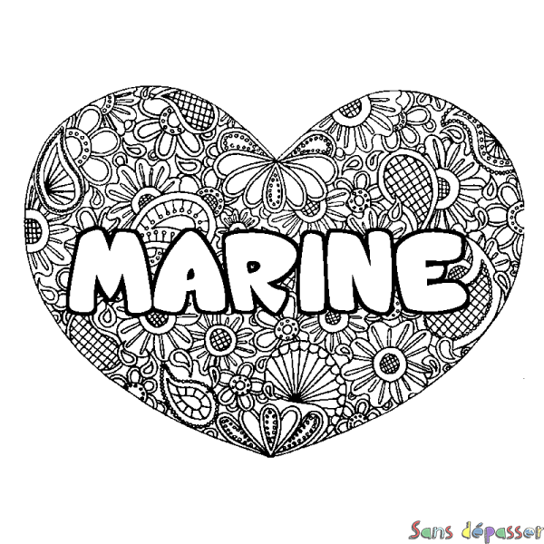 Coloriage pr&eacute;nom MARINE - d&eacute;cor Mandala coeur