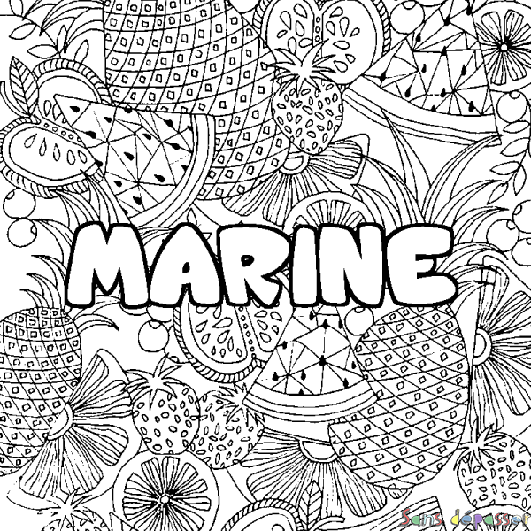 Coloriage pr&eacute;nom MARINE - d&eacute;cor Mandala fruits