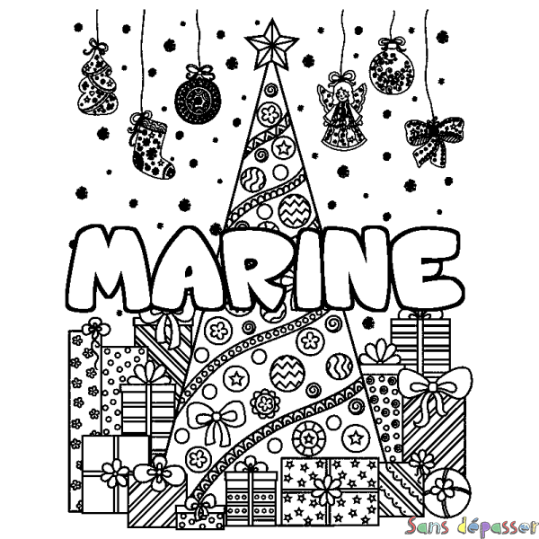 Coloriage pr&eacute;nom MARINE - d&eacute;cor Sapin et Cadeaux