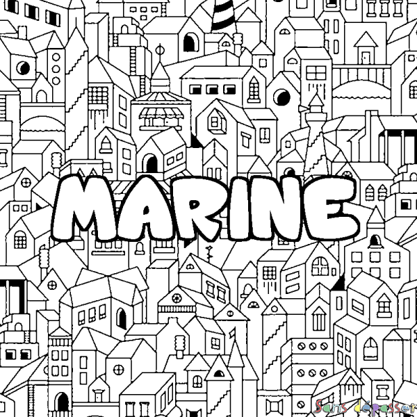 Coloriage pr&eacute;nom MARINE - d&eacute;cor Ville