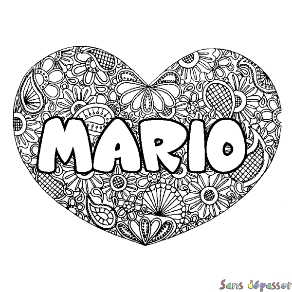 Coloriage pr&eacute;nom MARIO - d&eacute;cor Mandala coeur