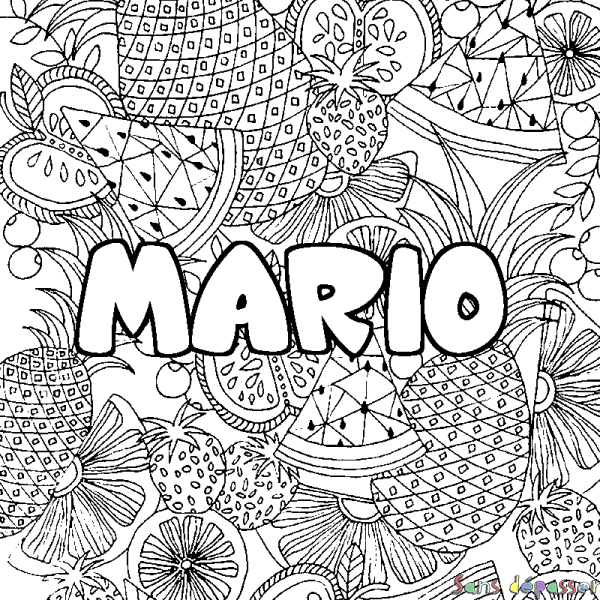 Coloriage pr&eacute;nom MARIO - d&eacute;cor Mandala fruits