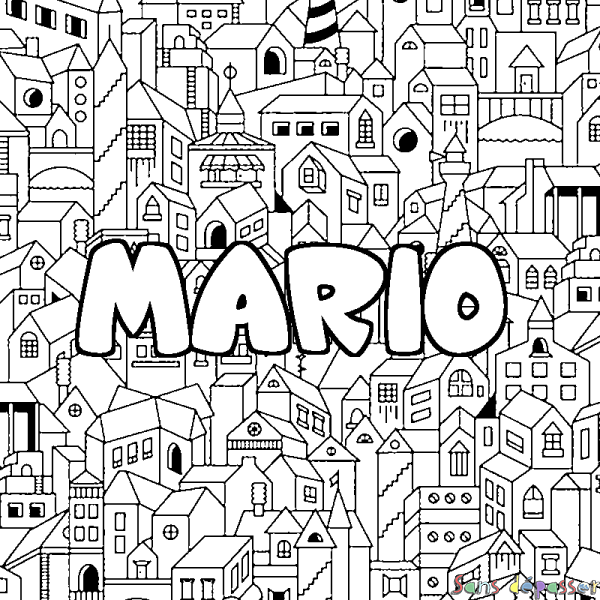 Coloriage pr&eacute;nom MARIO - d&eacute;cor Ville
