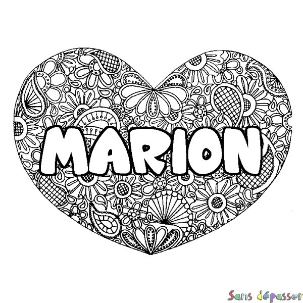 Coloriage prénom MARION - d&eacute;cor Mandala coeur