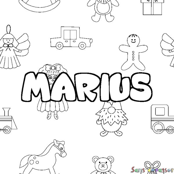 Coloriage pr&eacute;nom MARIUS - d&eacute;cor Jouets