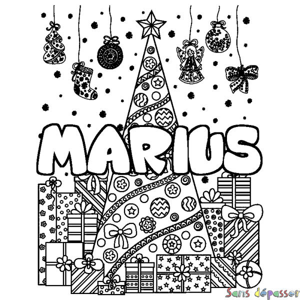 Coloriage prénom MARIUS - d&eacute;cor Sapin et Cadeaux