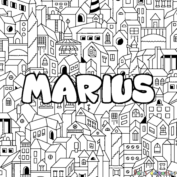 Coloriage pr&eacute;nom MARIUS - d&eacute;cor Ville