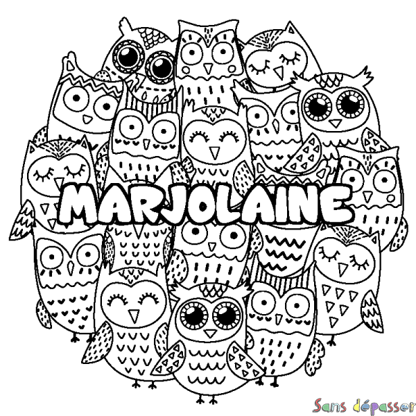 Coloriage pr&eacute;nom MARJOLAINE - d&eacute;cor Chouettes