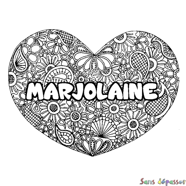 Coloriage pr&eacute;nom MARJOLAINE - d&eacute;cor Mandala coeur