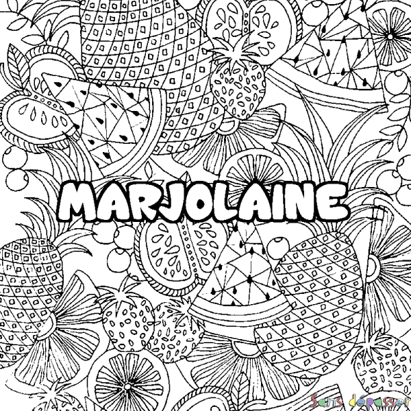 Coloriage pr&eacute;nom MARJOLAINE - d&eacute;cor Mandala fruits