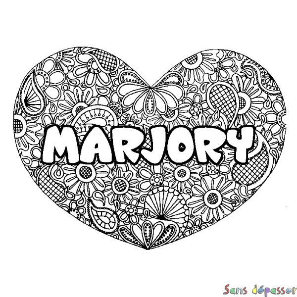 Coloriage pr&eacute;nom MARJORY - d&eacute;cor Mandala coeur