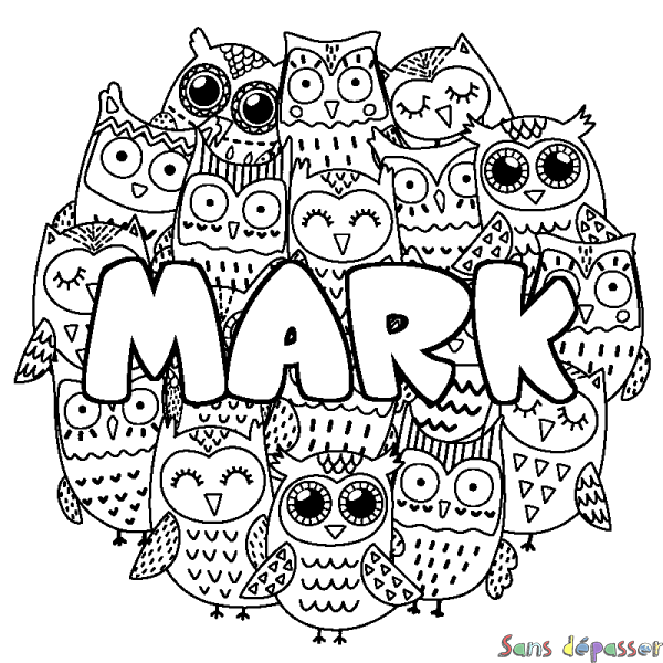 Coloriage pr&eacute;nom MARK - d&eacute;cor Chouettes
