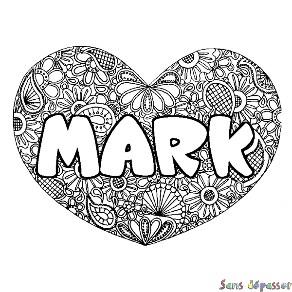 Coloriage prénom MARK - d&eacute;cor Mandala coeur