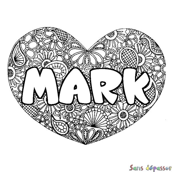 Coloriage pr&eacute;nom MARK - d&eacute;cor Mandala coeur