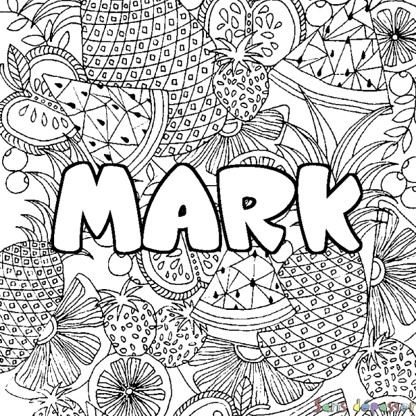 Coloriage pr&eacute;nom MARK - d&eacute;cor Mandala fruits
