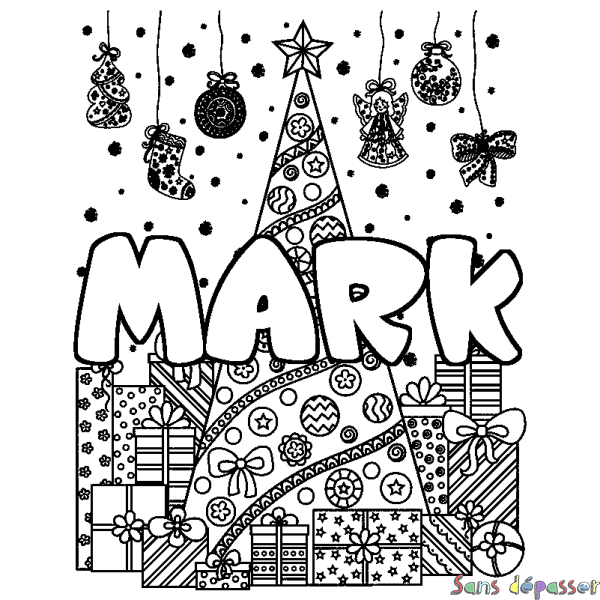 Coloriage prénom MARK - d&eacute;cor Sapin et Cadeaux