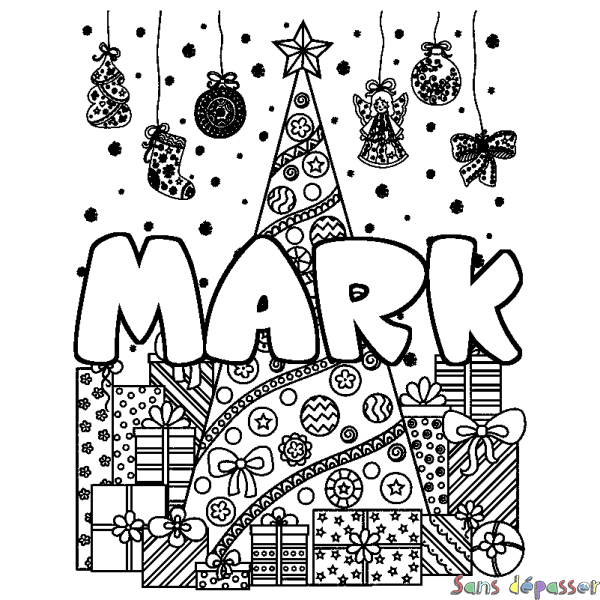 Coloriage pr&eacute;nom MARK - d&eacute;cor Sapin et Cadeaux