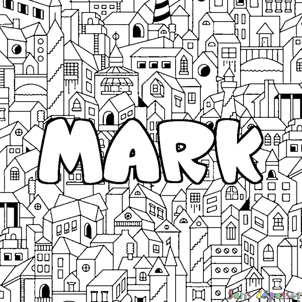 Coloriage pr&eacute;nom MARK - d&eacute;cor Ville