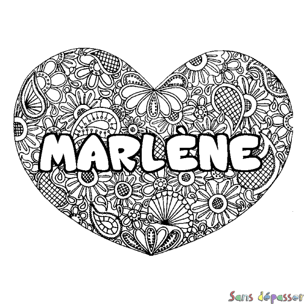 Coloriage pr&eacute;nom MARL&Egrave;NE - d&eacute;cor Mandala coeur