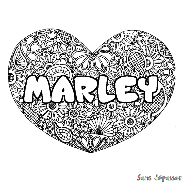 Coloriage prénom MARLEY - d&eacute;cor Mandala coeur