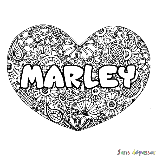 Coloriage pr&eacute;nom MARLEY - d&eacute;cor Mandala coeur