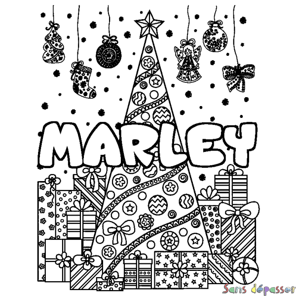 Coloriage prénom MARLEY - d&eacute;cor Sapin et Cadeaux