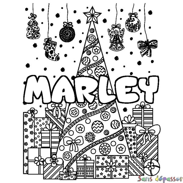Coloriage pr&eacute;nom MARLEY - d&eacute;cor Sapin et Cadeaux