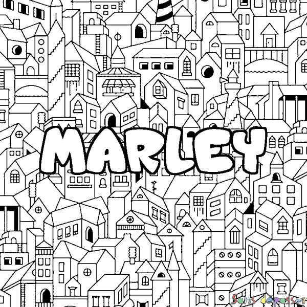 Coloriage pr&eacute;nom MARLEY - d&eacute;cor Ville