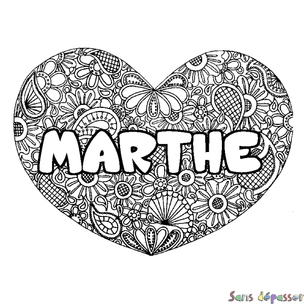 Coloriage prénom MARTHE - d&eacute;cor Mandala coeur