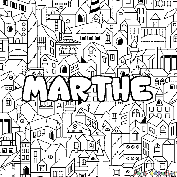 Coloriage prénom MARTHE - d&eacute;cor Ville
