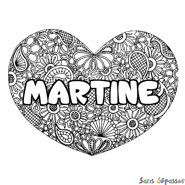 Coloriage prénom MARTINE - d&eacute;cor Mandala coeur