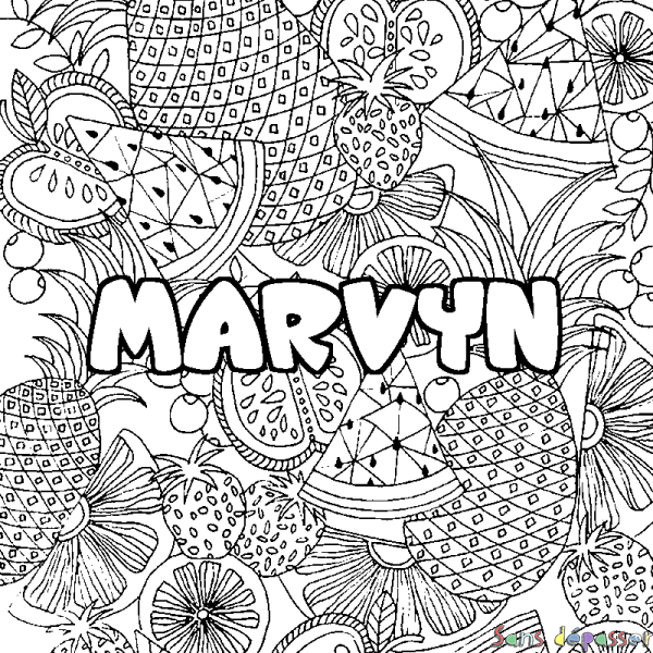Coloriage pr&eacute;nom MARVYN - d&eacute;cor Mandala fruits