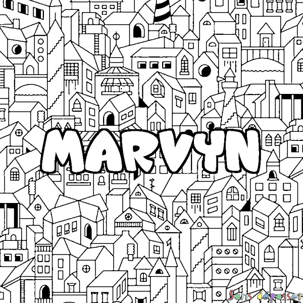 Coloriage pr&eacute;nom MARVYN - d&eacute;cor Ville