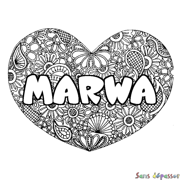 Coloriage pr&eacute;nom MARWA - d&eacute;cor Mandala coeur
