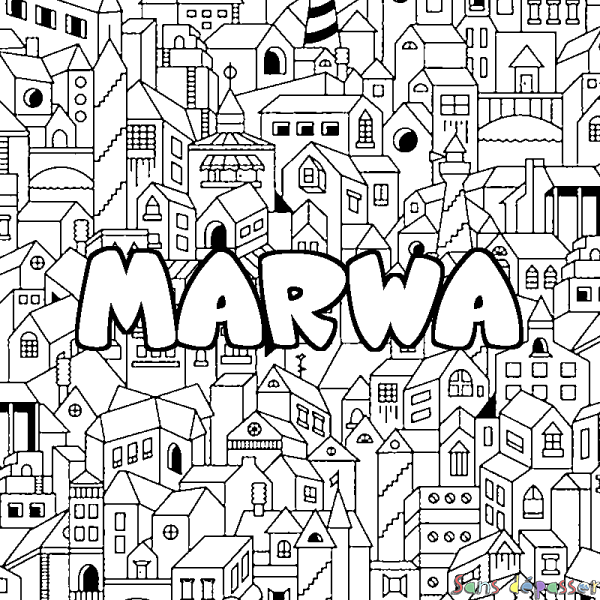Coloriage pr&eacute;nom MARWA - d&eacute;cor Ville