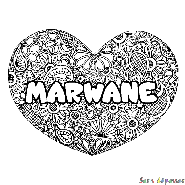 Coloriage pr&eacute;nom MARWANE - d&eacute;cor Mandala coeur