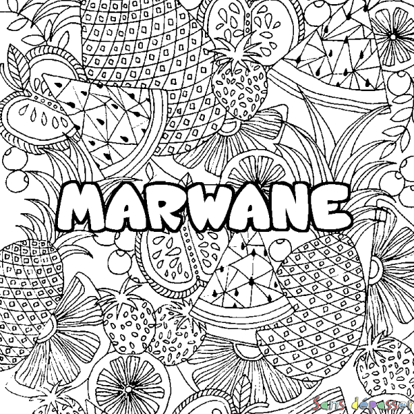 Coloriage pr&eacute;nom MARWANE - d&eacute;cor Mandala fruits