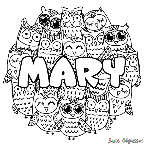 Coloriage pr&eacute;nom MARY - d&eacute;cor Chouettes