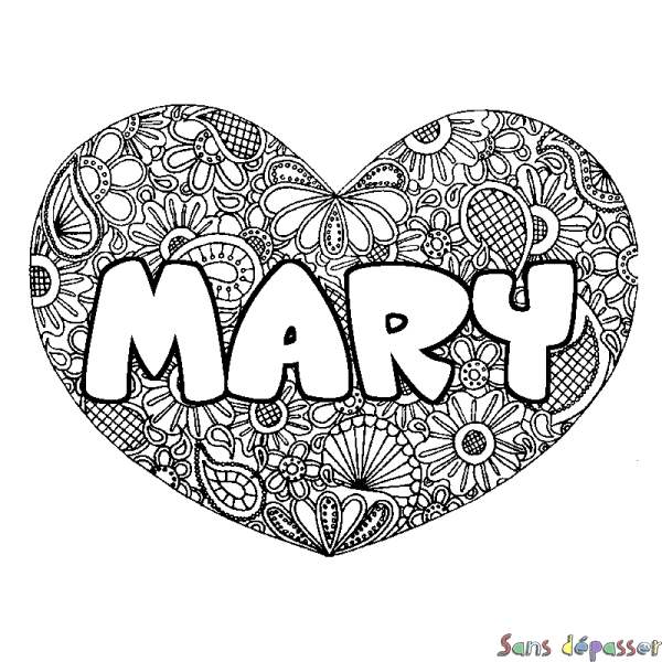 Coloriage pr&eacute;nom MARY - d&eacute;cor Mandala coeur
